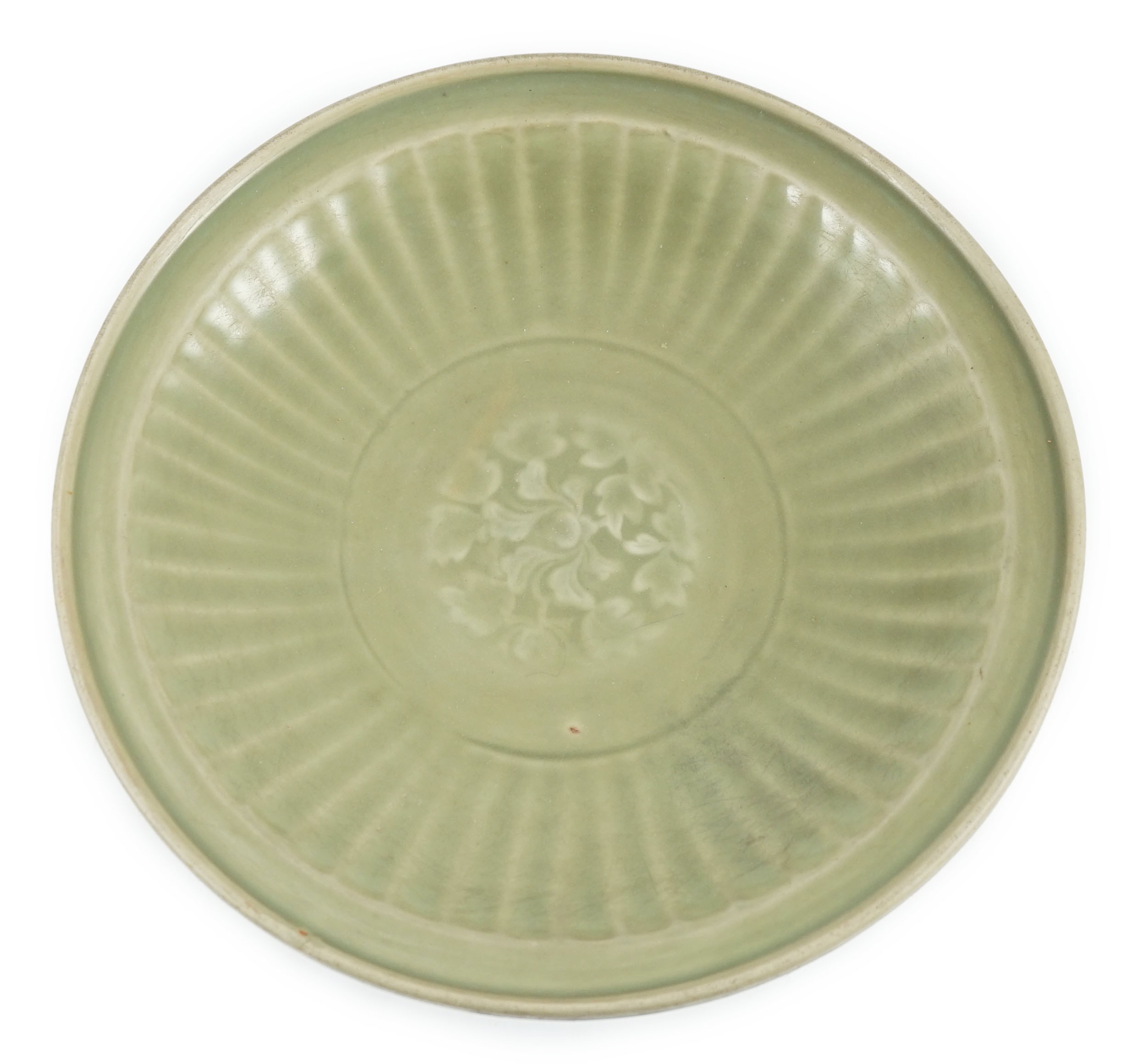 A Chinese Ming Longquan celadon flower moulded dish, 15th century, 34.5cm diameter, scratching to glaze